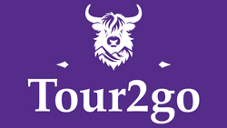 Logo of Tour2go featuring a stylized highland cow with mountains in the background ideal for outdoor adventures and travel experiences